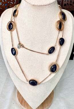 Chico's Long Station Necklace with Blue Goldstone and Ivory Cabochons
